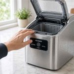 A hand reaches toward an open-top stainless steel ice maker on a kitchen counter, ready to start ice production.