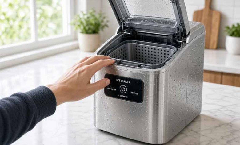 A hand reaches toward an open-top stainless steel ice maker on a kitchen counter, ready to start ice production.